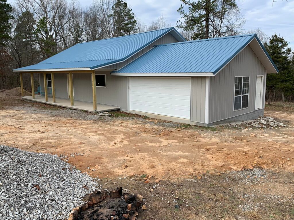 blue metal roof on new construction home